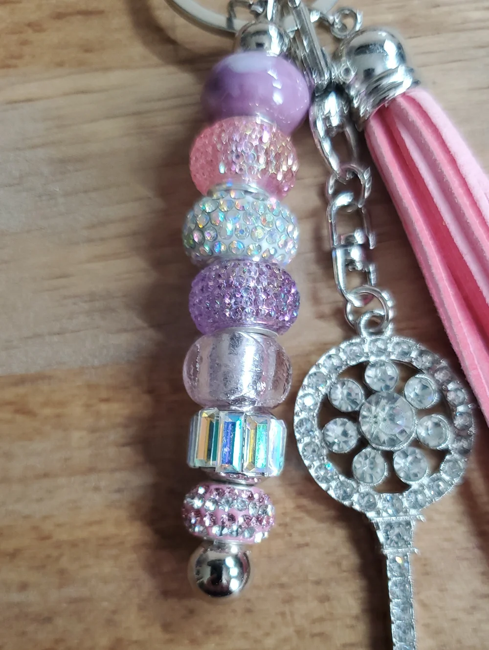 Elegant Pink and Purple Beaded Keychain with Crystal Key Charm
